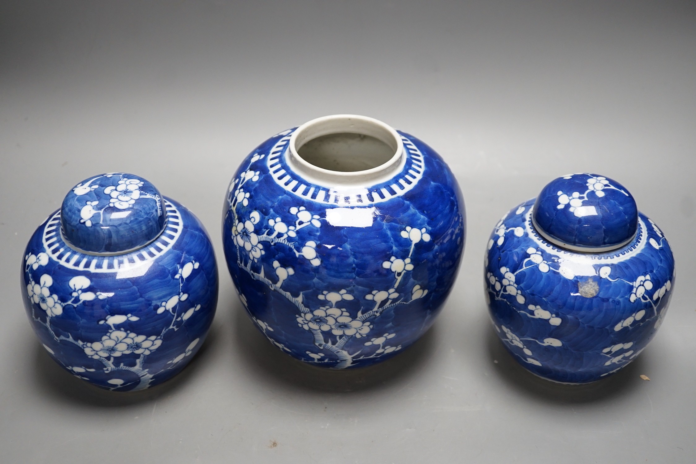 Three late 19th/early 20th century Chinese blue and white prunus jars, two covers. Tallest 16cm